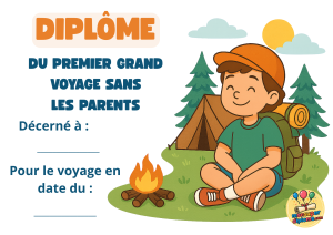 Diplôme colonie de vacances. Un scout près du feu qui va rentrer de vacances.