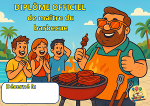 Diplôme du maître du barbecue - fun et humoristique. Un homme en train de faire un barbecue ave ce la viande et des brochettes portant des lunettes de soleil. Des amis le regardent.