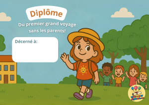 Diplôme colonie de vacances. Une fille qui rentre de colonie de vacances et dis au revoir à ses amis.