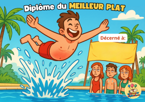 Diplôme du meilleur plat à la piscine - fun et humoristique. Un homme en train de faire un plat dans la piscine avec des amis qui le regardent
