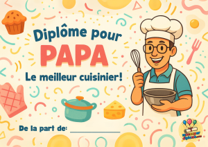 Diplôme pour papa le meilleur cuisiner - fun et humoristique. Un papa cuisiner avec des ustensiles dans la main.