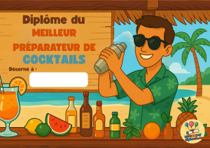Diplôme du meilleur préparateur de cocktails - fun et humoristique. Un homme en train de préparer un cocktail sur une plage paradisiaque.