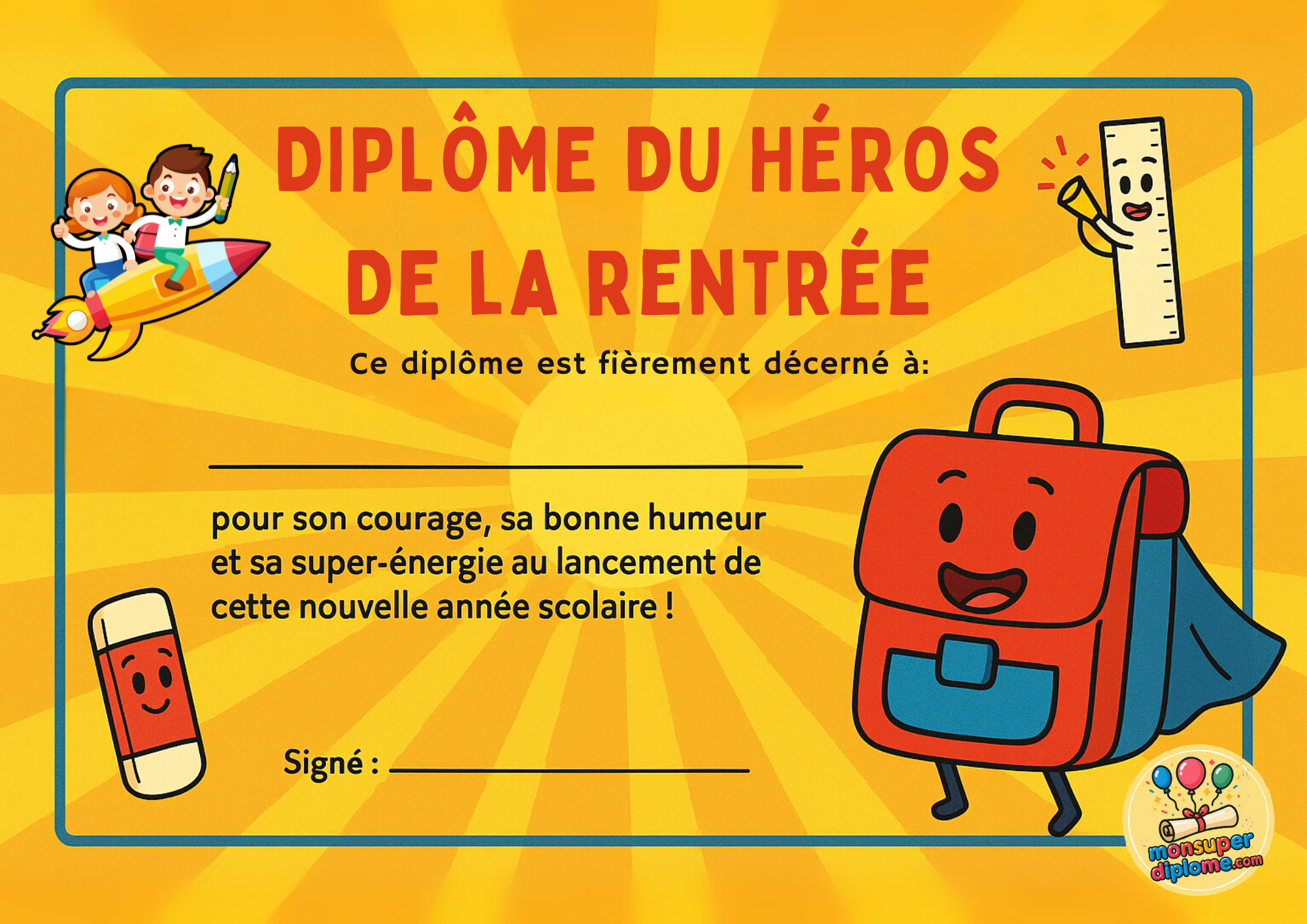 Diplôme du héros de la rentrée avec sac à dos avec une cape, des personnages bienveillants pour valoriser l'enfant