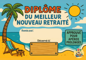 Diplôme du meilleur retraité - fun et humoristique. Une plage avec palmiers et transat pour profiter des vacances