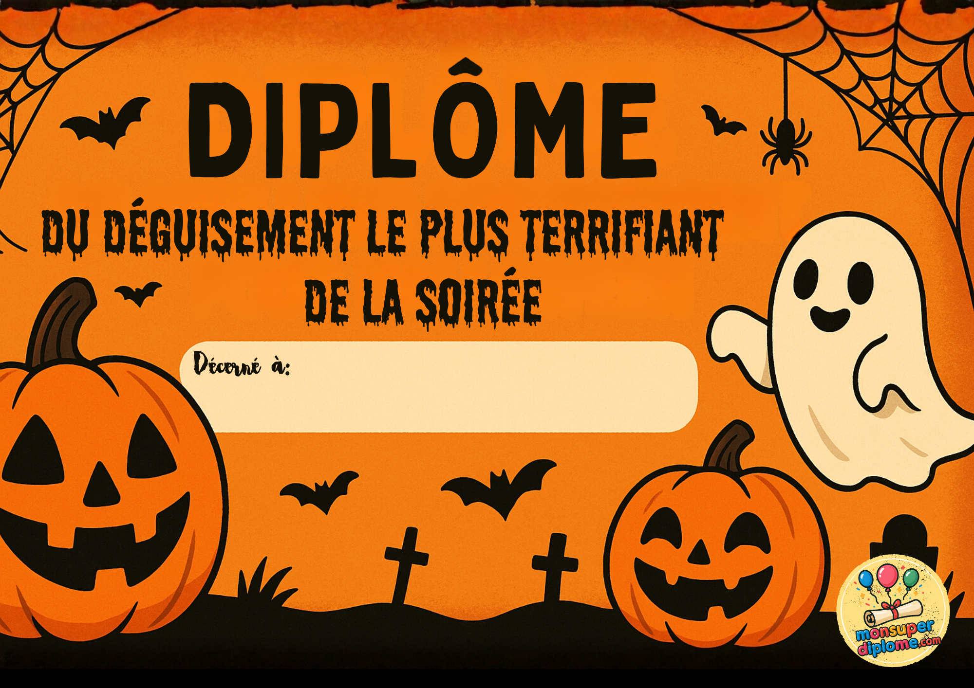 Diplôme du meilleur déguisement halloween, avec des citrouilles et un fantôme