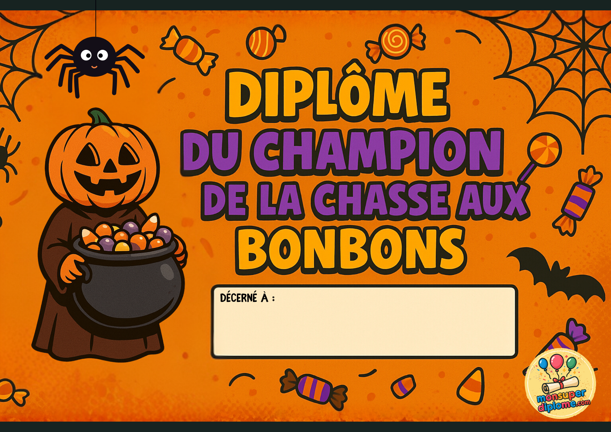 Diplôme du meilleur chasseur de bonbons, personnage de citrouille avec un chaudron et des bonbons